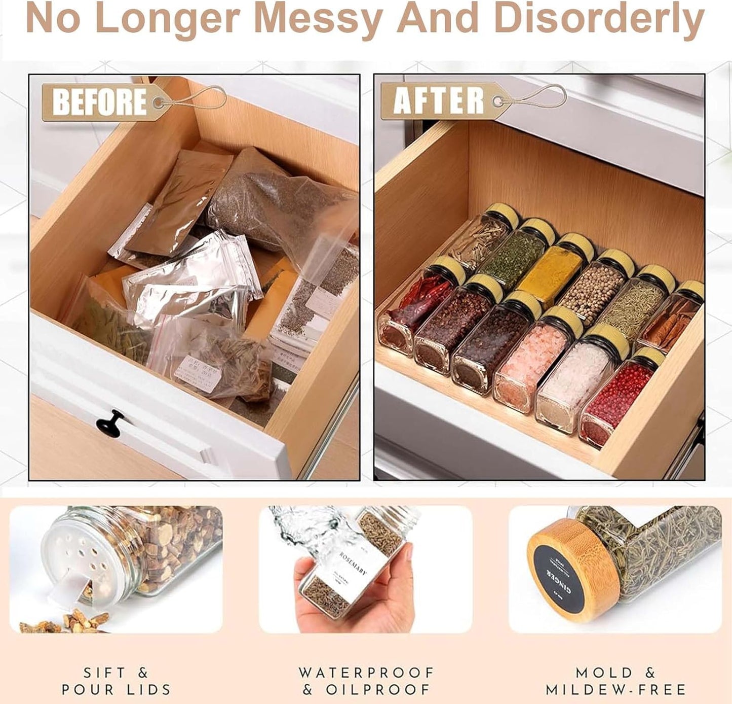 Glass Spice Jar Set Bamboo Lid Labels Funnel Brush 8671164006557-1