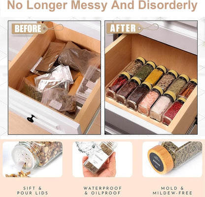 Glass Spice Jar Set Bamboo Lid Labels Funnel Brush 8671164006557-1