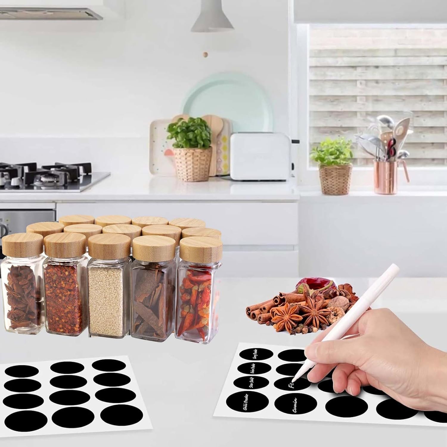 Glass Spice Jar Set Bamboo Lid Labels Funnel Brush 8671164006557-1