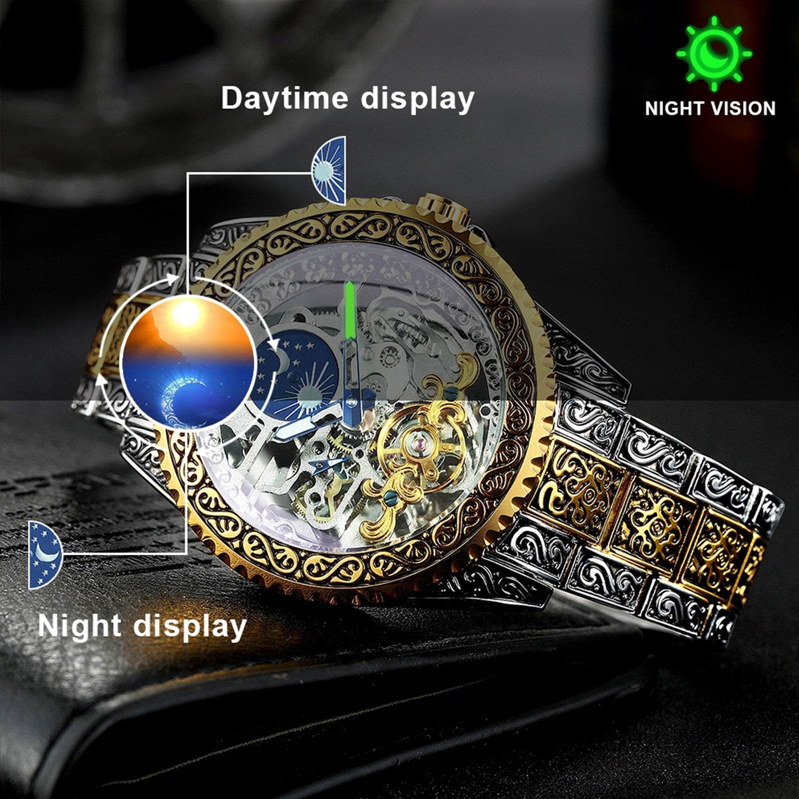 Vintage Automatic Tourbillon Mechanical Watch Moon Phase Stainless Steel Waterproof 8545369030958-1