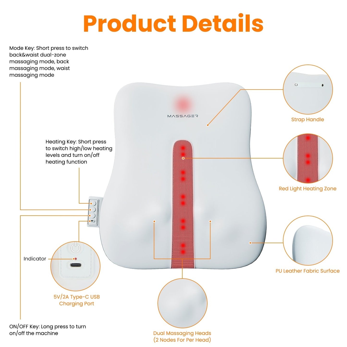 1 Set  Shiatsu Back Massager 3D Deep Tissue Kneading Massage Pillow Cordless USB Rechargeable With 3 Massaging Modes 2 Heating Levels 10Mins Auto-Off For Back Shoulder Waist Lumbar No Chair 9016324522204-1