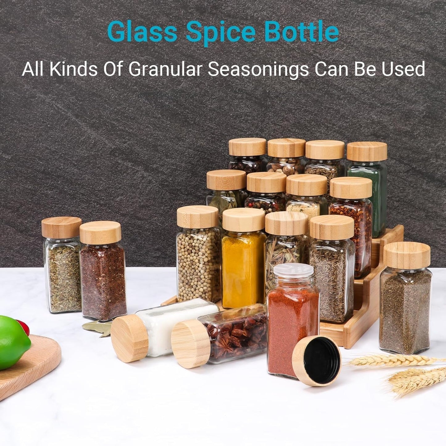 Glass Spice Jar Set Bamboo Lid Labels Funnel Brush 8671164006557-1