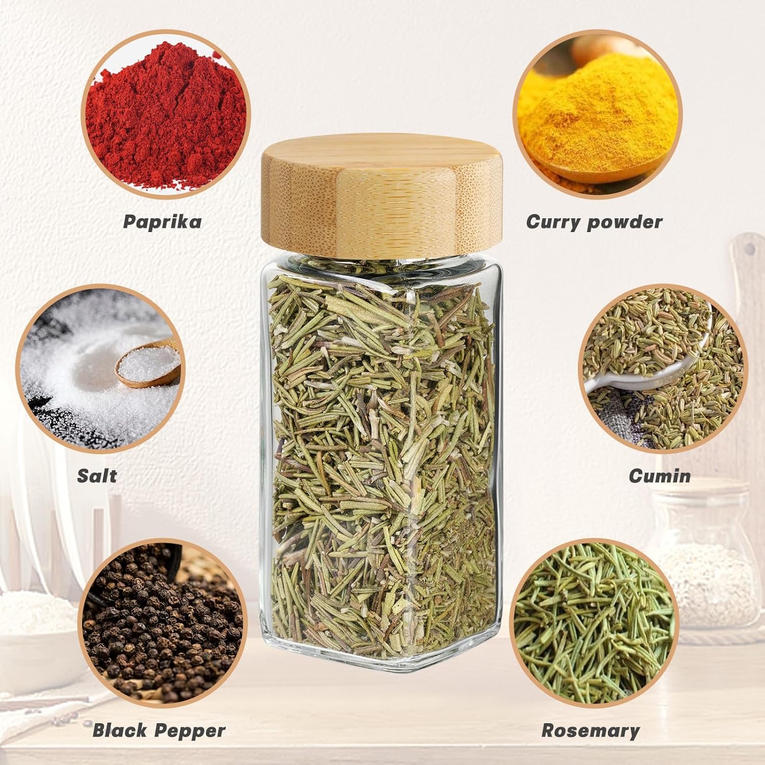 Glass Spice Jar Set Bamboo Lid Labels Funnel Brush 8671164006557-1