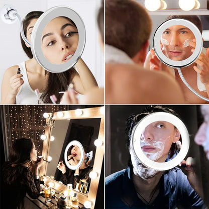 Flexible Gooseneck Makeup Mirror - 10X Magnifying Vanity Mirror with Suction Cup, 360 Degree Swivel, Daylight, Battery Operated, Cordless & Travel Mirror
