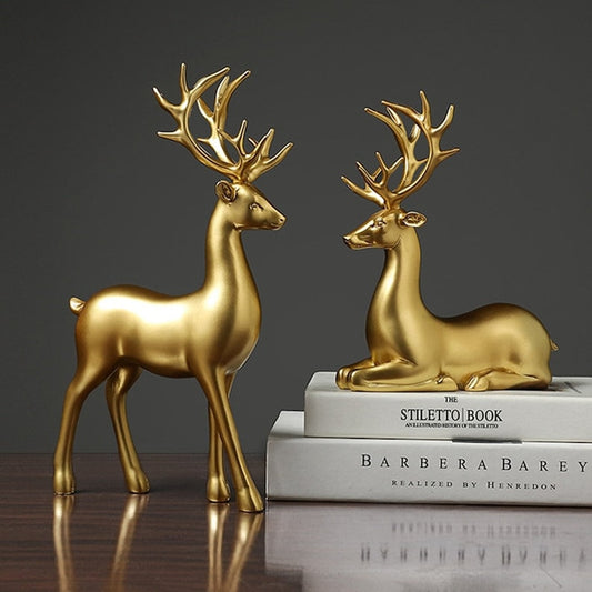 Golden Couple Deer Figurines Resin Animal Sculpture Home Decor Set 9599434490158-1