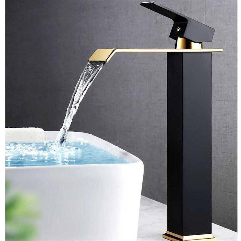 Hot And Cold Waterfall Basin Faucet - Brass Bathroom Tap In Gold And Black 9004851790126-1
