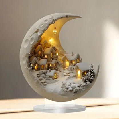 Acrylic Moon And Village Scene Figurine – Minimalist Home Ornament 10215675756883-1
