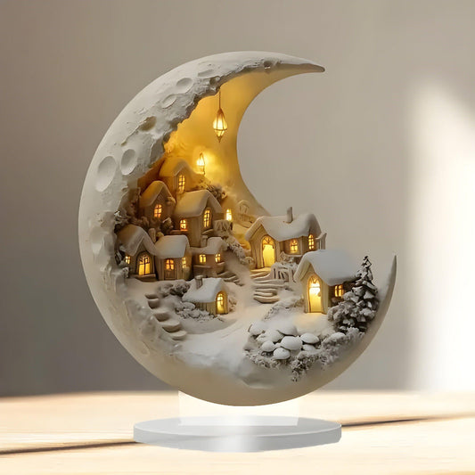 Acrylic Moon And Village Scene Figurine – Minimalist Home Ornament 10215675756883-1