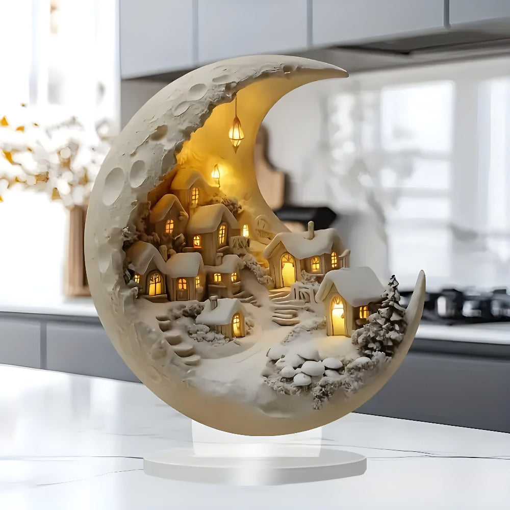 Acrylic Moon And Village Scene Figurine – Minimalist Home Ornament 10215675756883-1