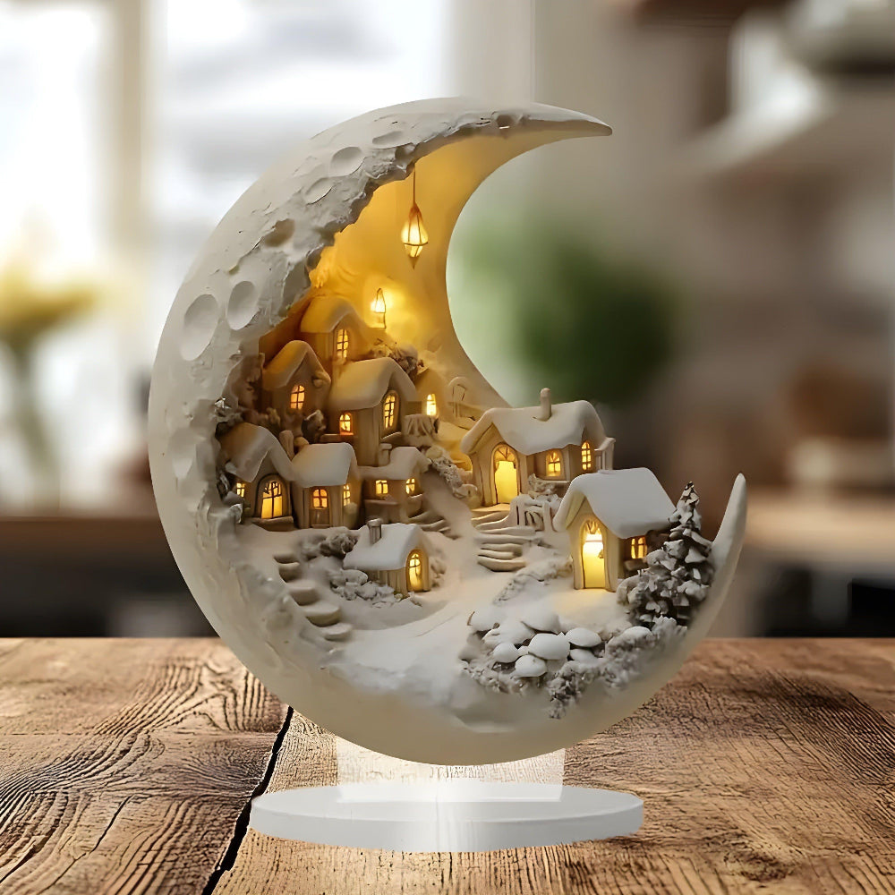 Acrylic Moon And Village Scene Figurine – Minimalist Home Ornament 10215675756883-1