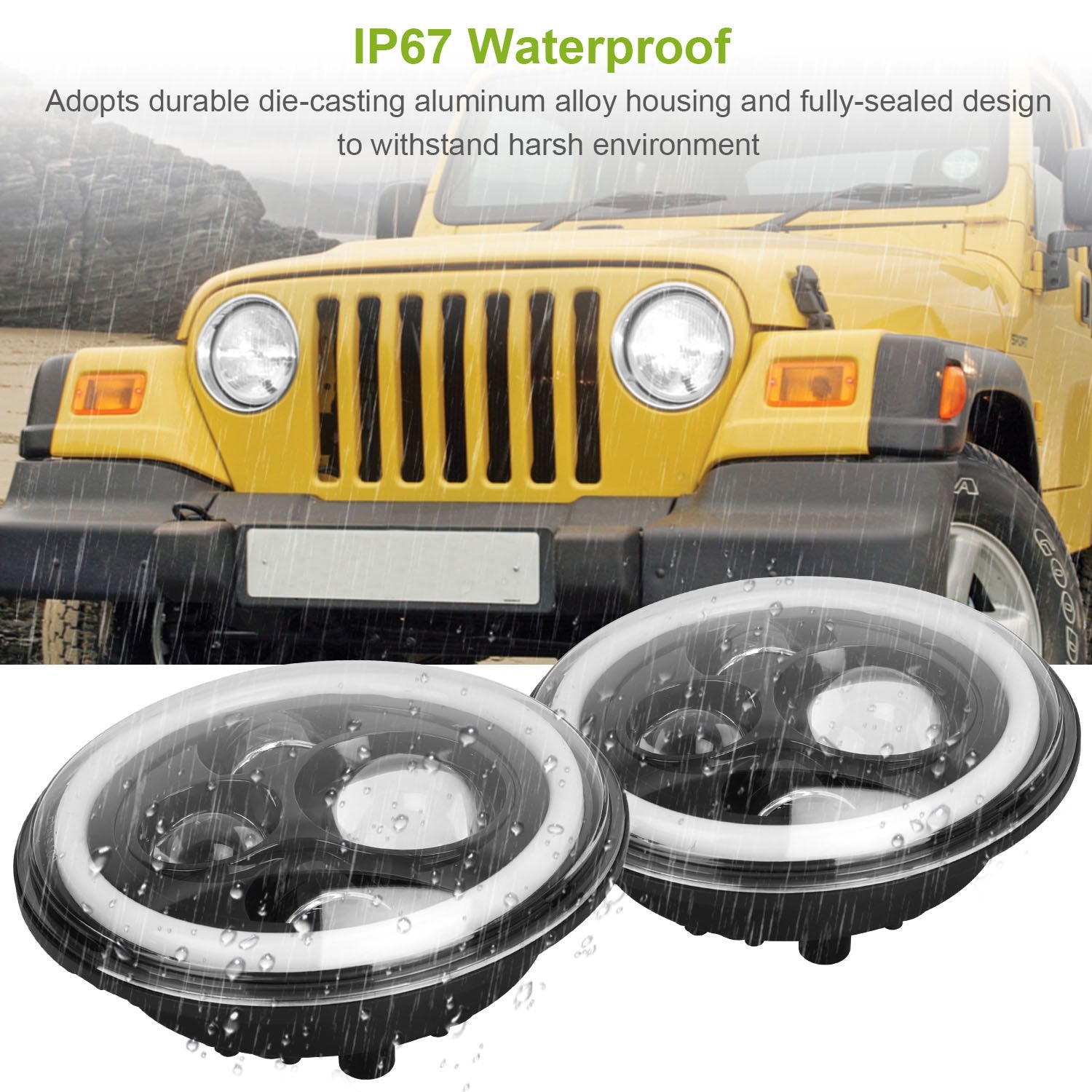 2Pc 7in 6000LM Round LED Headlight Halo Angel Eyes For Jeep Wrangler TJ JK CJ With H4 To H13 Adapter Plug And Play 9013917745372-1