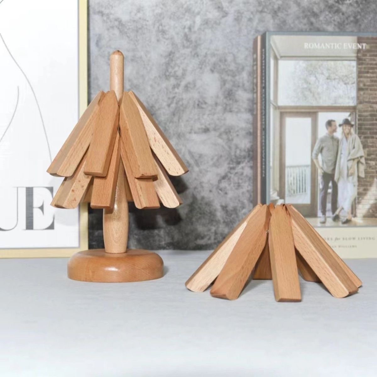 Walnut Wood Heat Resistant Trivet Table Mat Stackable Set 9674136682798-1