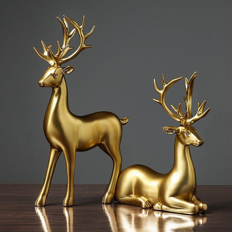 Golden Couple Deer Figurines Resin Animal Sculpture Home Decor Set 9599434490158-1