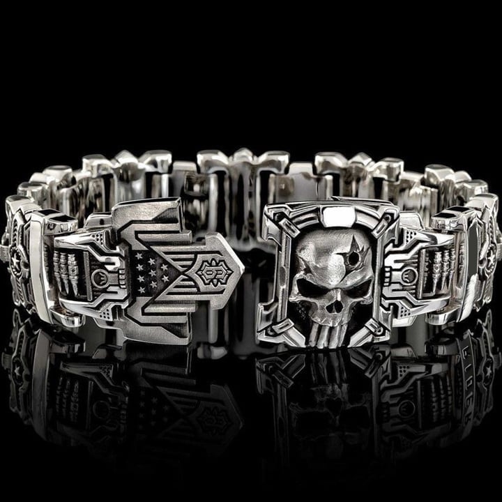 Skull Interlock Silver Bracelet Handmade Heavy Metal Gothic Warrior Design 9614411727150-1