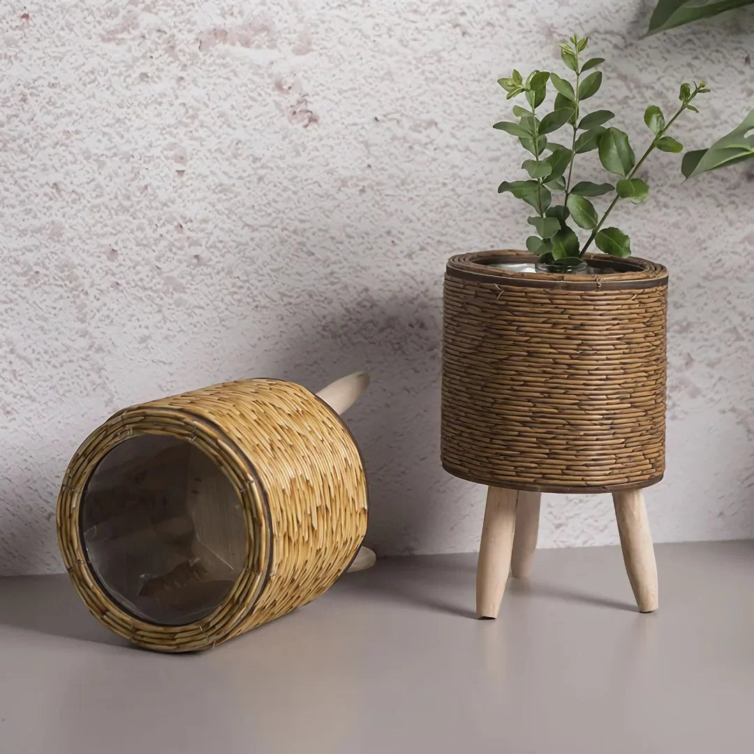 Vintage Imitation Rattan Flower Stand With Wooden Legs 14815605260614-1