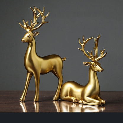 Golden Couple Deer Figurines Resin Animal Sculpture Home Decor Set 9599434490158-1