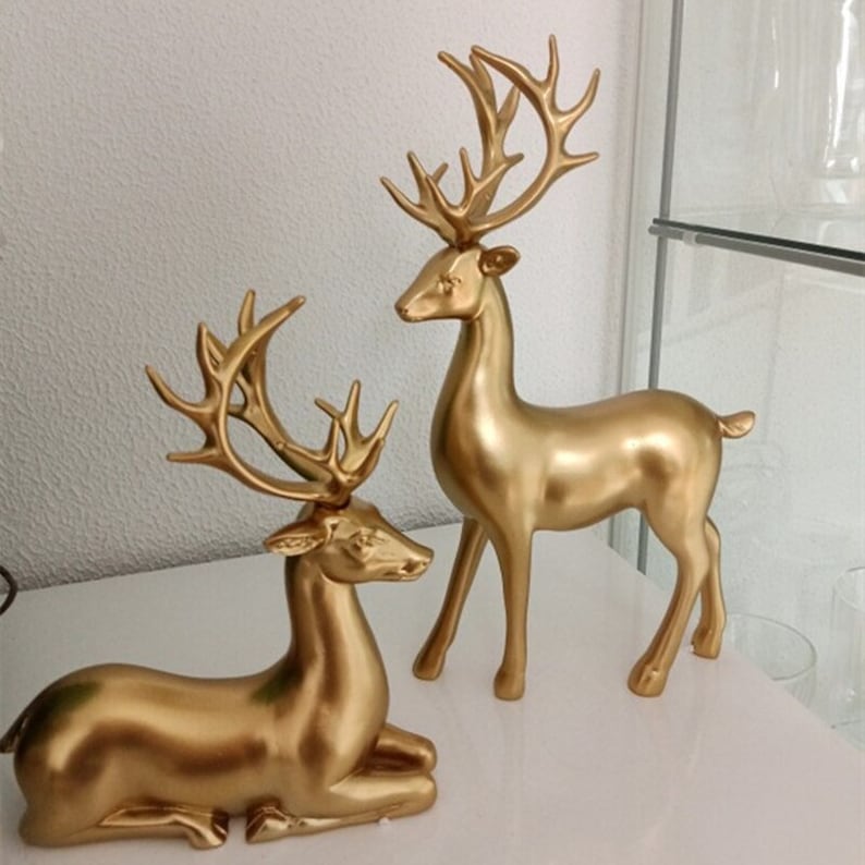 Golden Couple Deer Figurines Resin Animal Sculpture Home Decor Set 9599434490158-1