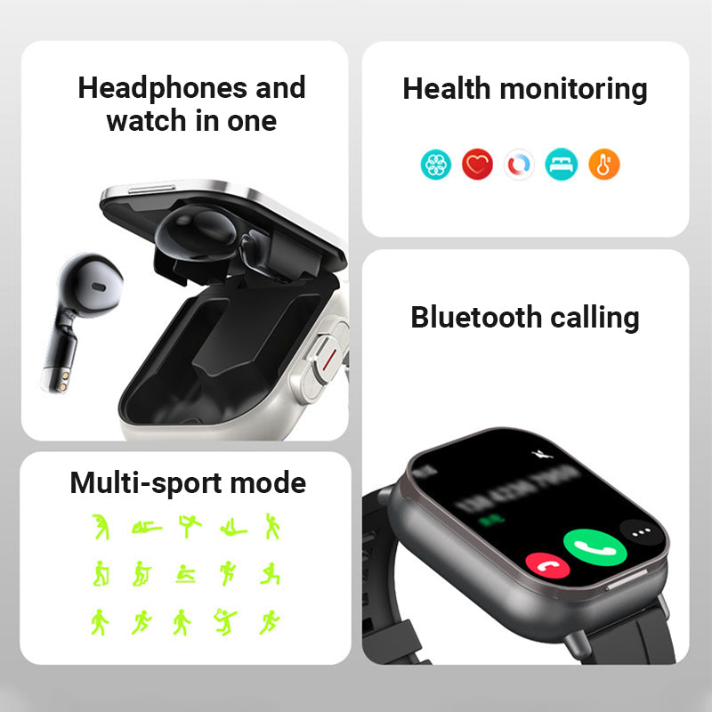 Smartwatch With Detachable Bluetooth Earphones Touchscreen Waterproof Fitness Tracker Rechargeable 9691143045410-1
