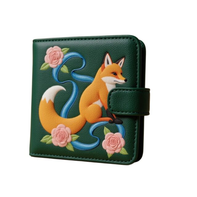 Fox-Themed Leather Wallet with Floral Accents