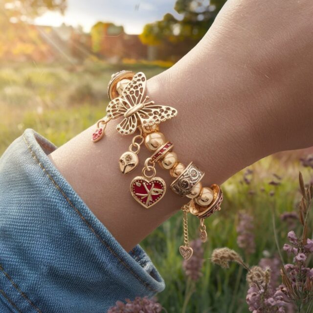 Gold Charm Bracelet with Butterfly & Heart Accents