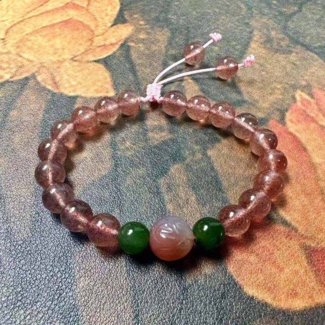 Handmade Natural Strawberry Quartz & Jade Adjustable Bracelet