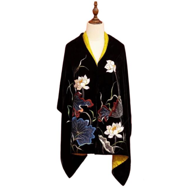 Handmade Velvet Cloak with Embroidered Lotus and Crane