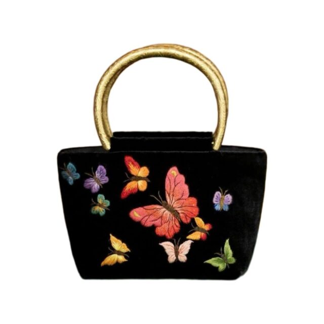 Handmade Velvet Handbag with Embroidered Butterflies and Blossoms