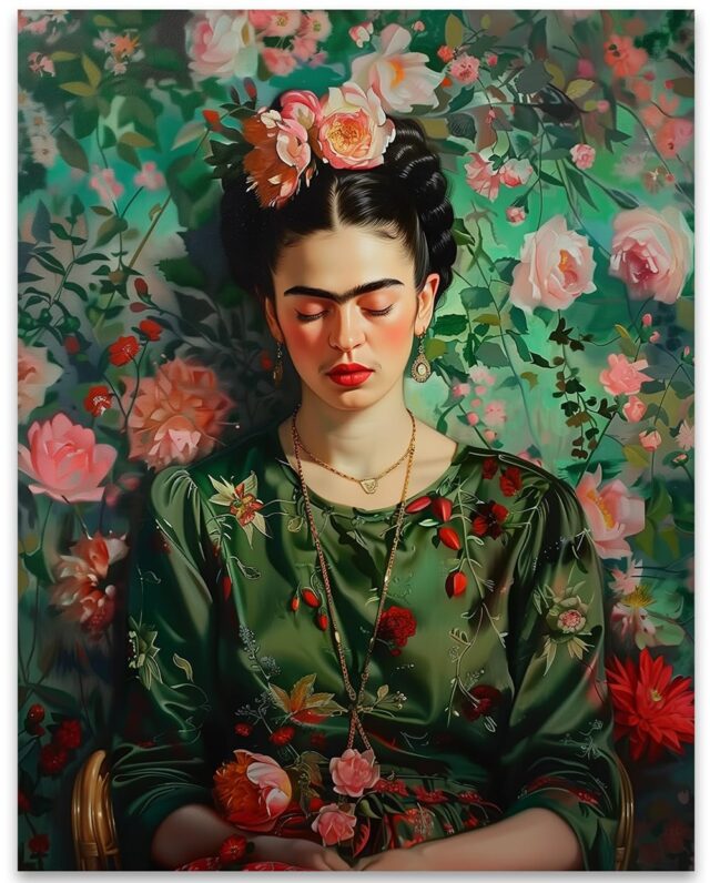 Frida Kahlo In Green: 11X14 Poster - Colorful Floral Portrait Painting-Mexican Wall Art For Female Empowerment, Feminist Boho Decor-Vibrant Eclectic Artist, Ideal For Dorms, Apartments, Girls, & Women